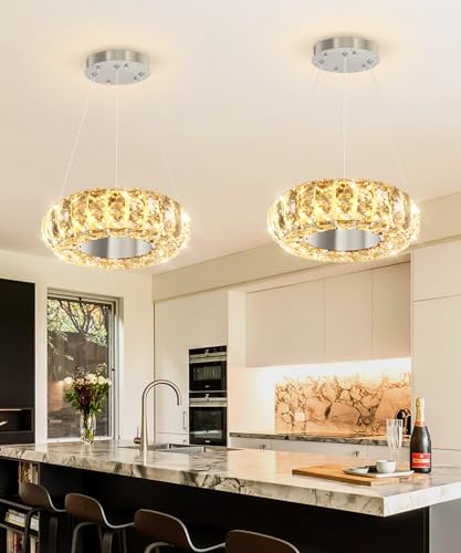 8" Ring Modern LED Dimmable Crystal Chandelier Adjustable Height Pendant Light Round Crystal Chandelier Light Fixtures for Dining Room Living Room Kitchen Island Silver (Silver / 1 Ring Round 8")