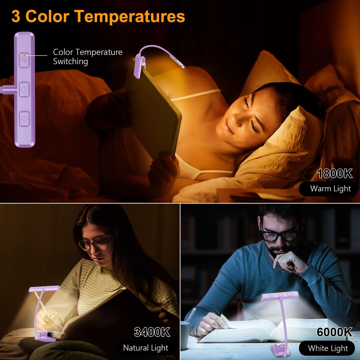 19 LED Rechargeable Book Light for Reading in Bed (Purple)