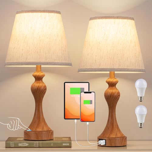 Touch Lamps for Nightstand (L.Oatmeal Shade & Wood-paint Base)