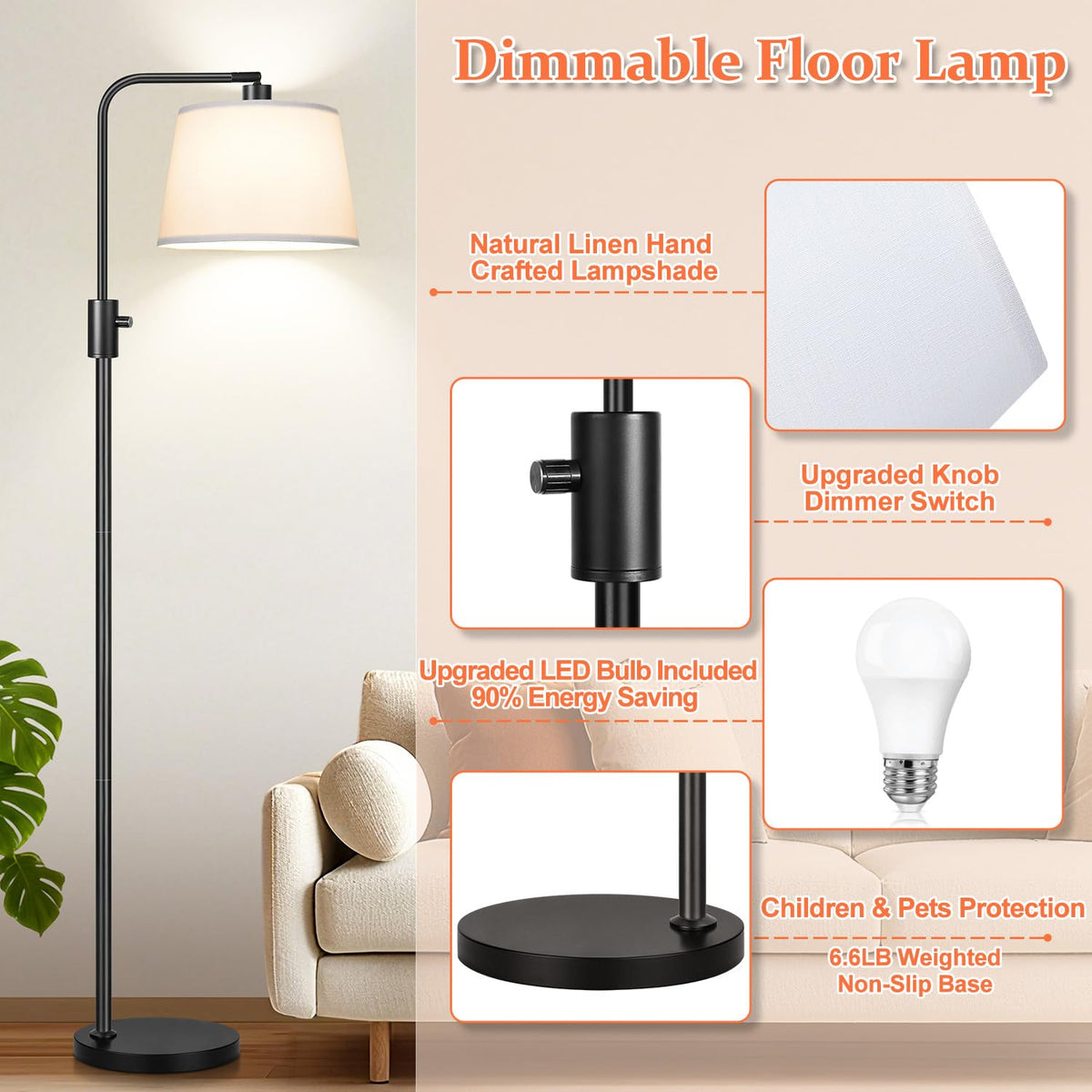 Upgraded】 Dimmable Floor Lamp (Matte Black-White Shade)