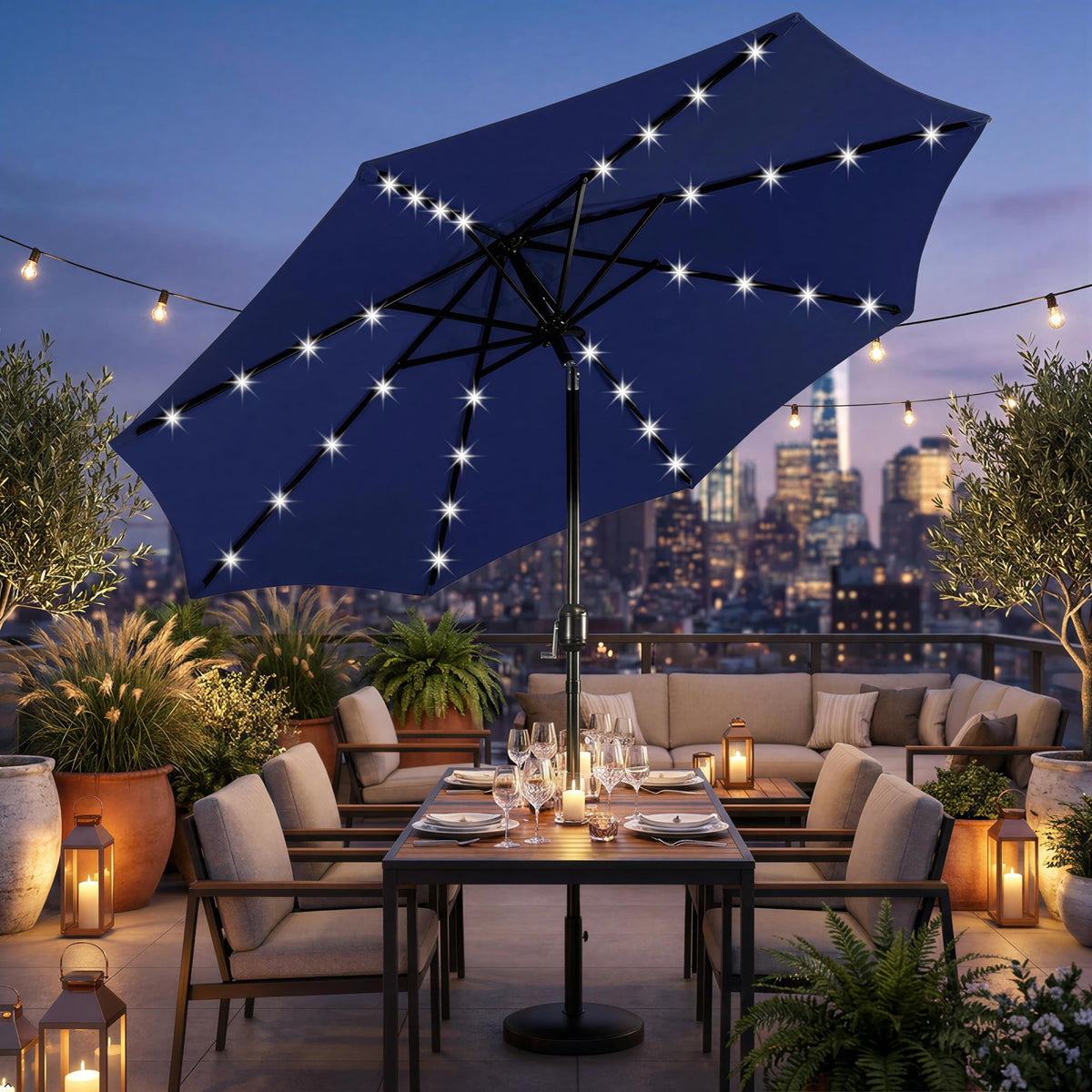 10FT Solar Patio Umbrella w (Navy Blue / 10FT)
