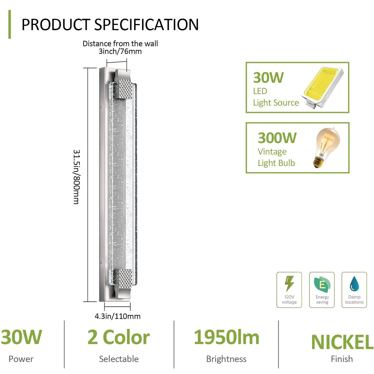Aipsun 31.5" Nickel Outdoor Wall Sconce Modern LED Crystal Exterior Light (Nickel / 31.5 inch)
