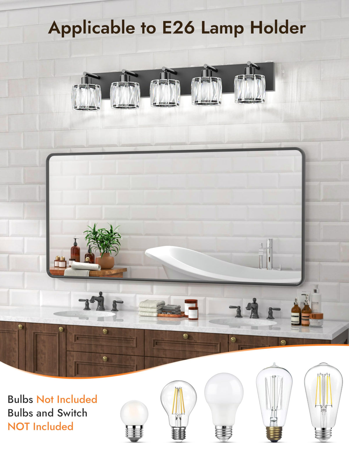 5 Light Crystal Bathroom Vanity Light Fixtures (Black-Round / 5 Light)