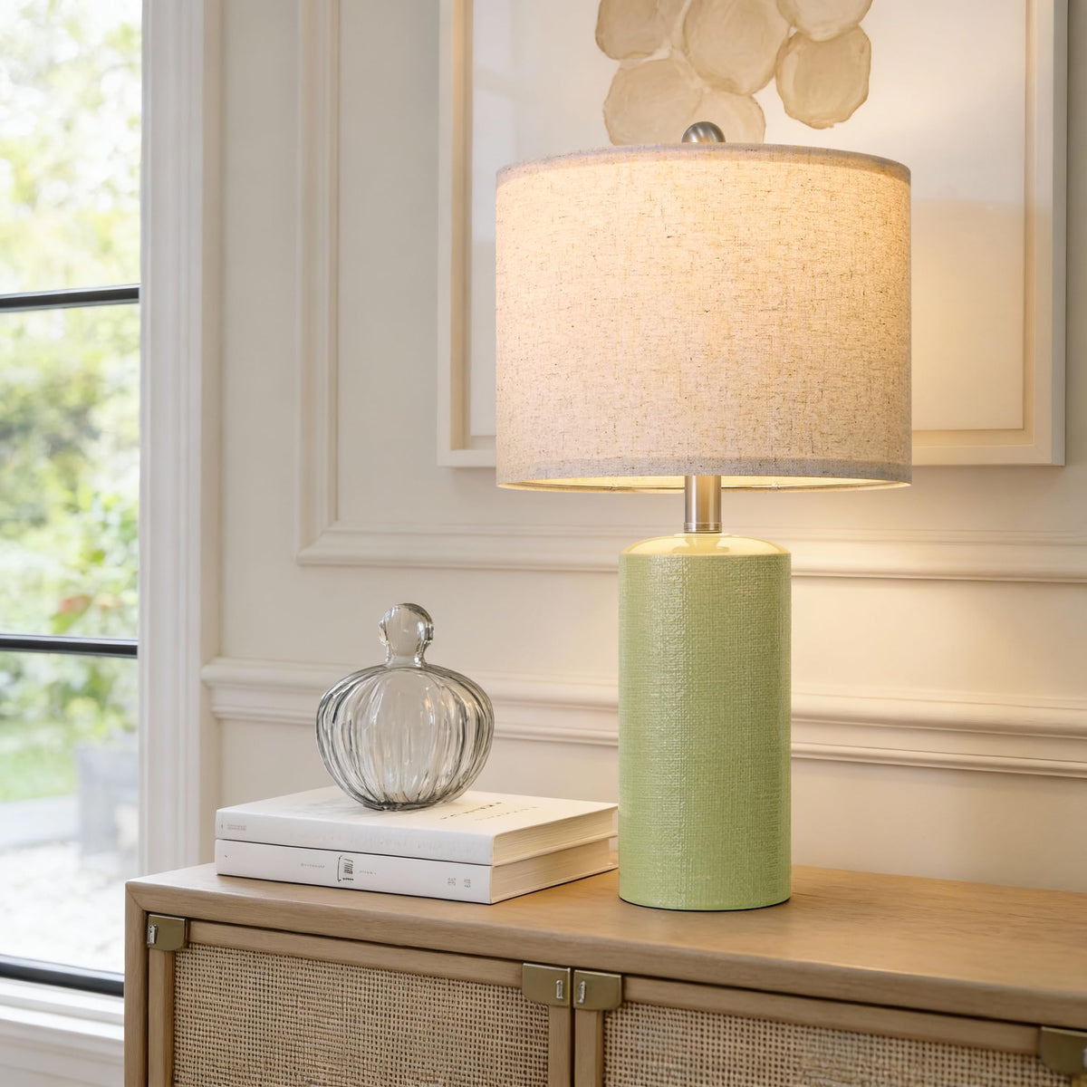 Modern Ceramic Table lamp Set of 2 Small Farmhouse Bedside lamp (Light Green)