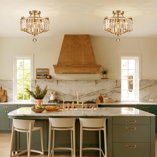Brushed Nickel Crystal Semi Flush Mount Ceiling Light Fixture Modern Farmhouse Small Chandelier 3 (055-Brushed Nickel)