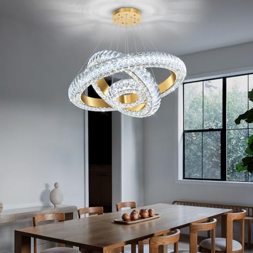23.6" 3 Ring Crystal Chandelier Modern LED Dimmable Ring Pendant Light Round Chandelier for Dining Room Living Room Gold (Gold / 3 Ring Round 24")