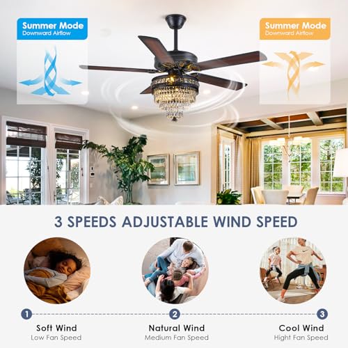 52"Black Crystal Chandelier Ceiling Fans with Lights and Remote Control (Black-52IN)