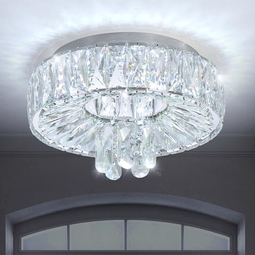 Mini Chandelier Modern Crystal Chandeliers for Hallway Light Fixture LED Flush Mount Ceiling Light Dimmable Lamp for Dining Room Living Room Bedroom (Silver / 11.8" Width)