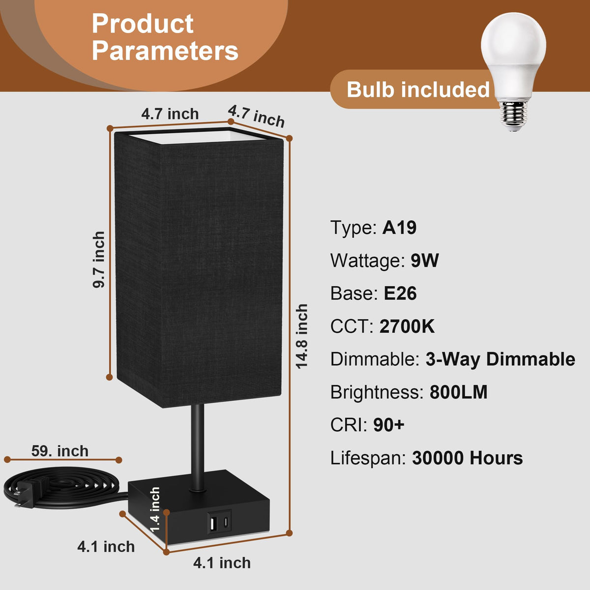 Bedside Table Lamp for Bedroom with 2 USB Ports (Black / 1-Pack)