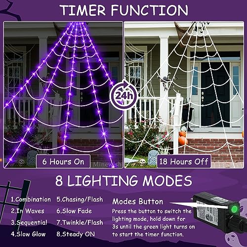 Spider Web Lights Halloween Decorations Outdoor (Black Spider, White Webs, Purple LED)
