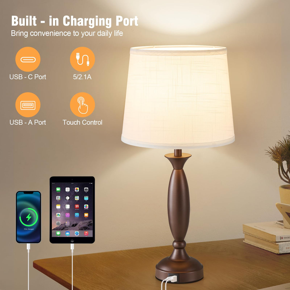 23" Touch Lamps for Nightstand Set of 2 (Brown & White Shade)