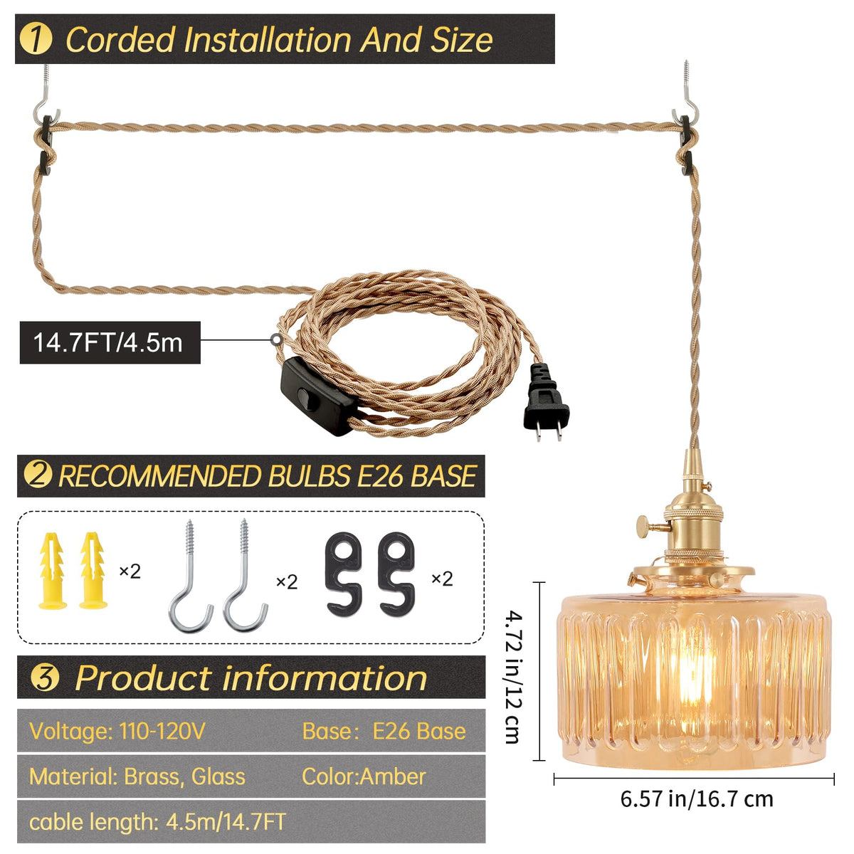 Plug in Pendant Light Hanging Light Fixtures with Plugin Cord On (Amber)