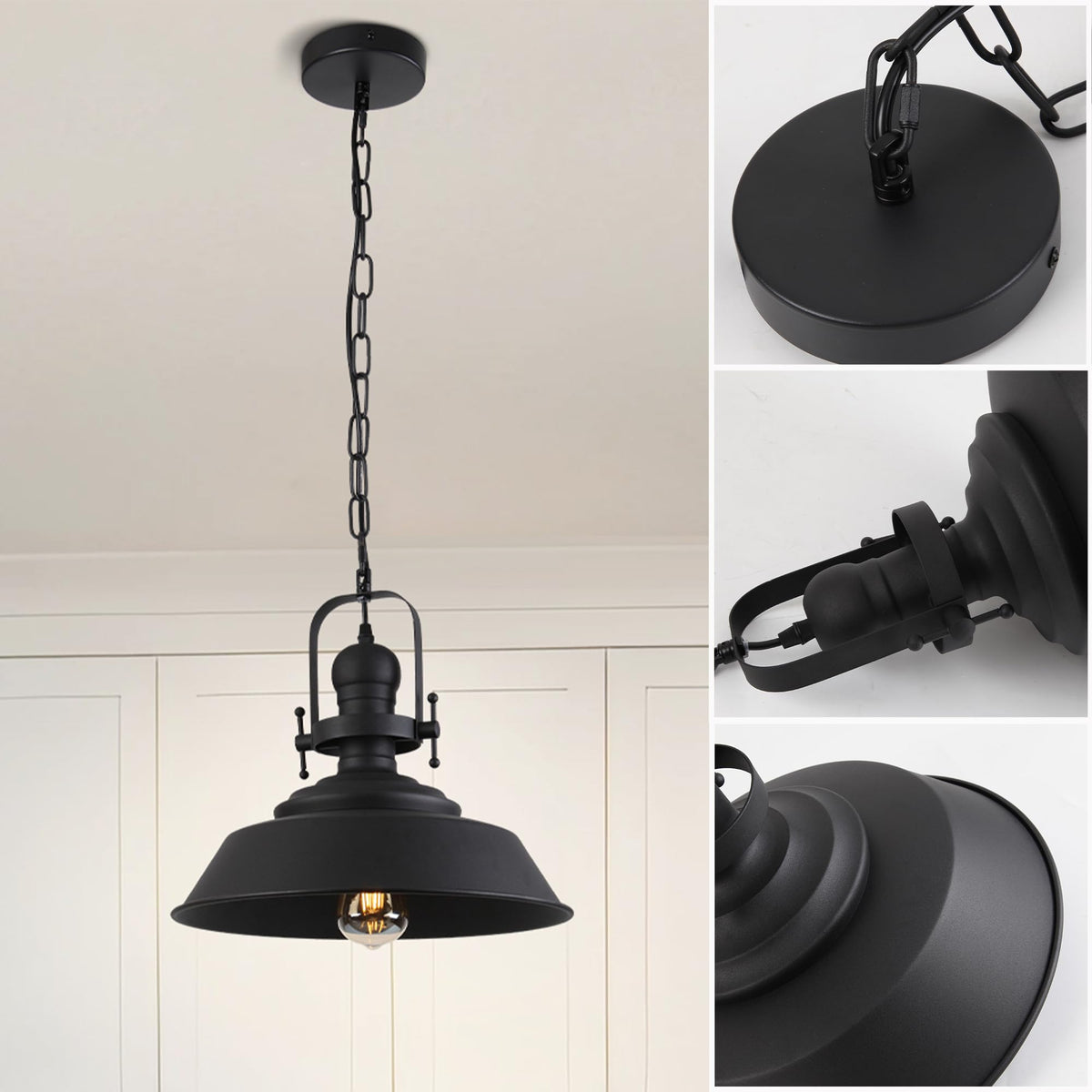 14" Farmhouse Black Pendant Light for Kitchen Island (Black)