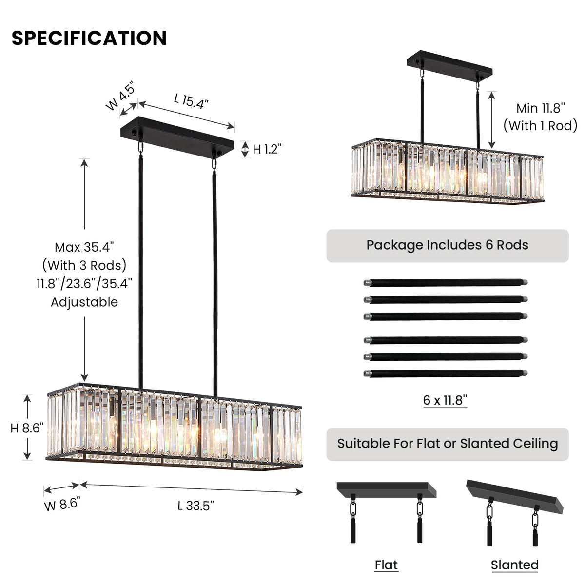 Modern Black Rectangular Crystal Chandelier for Dining Room L33.5'' (Black / L33.5 Inch)