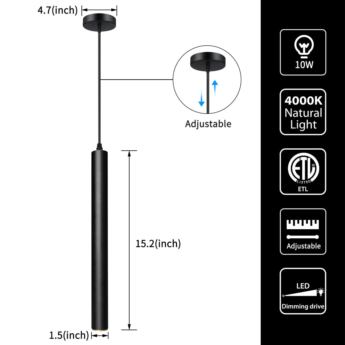 Modern Pendant Lights 4000K LED Dimmable Pendant Light Fixtures Pendant Lighting for Kitchen Island (Black-Dimmable-3p / 15.7inch-3p-1 light)
