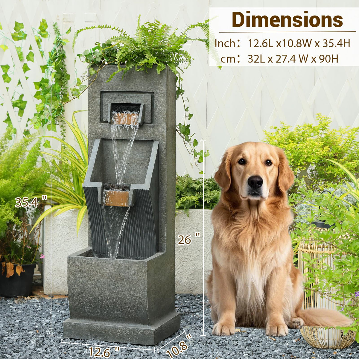 35H Modern Outdoor Water Fountain with 3 (35.4" Tall / Grey-35.4")