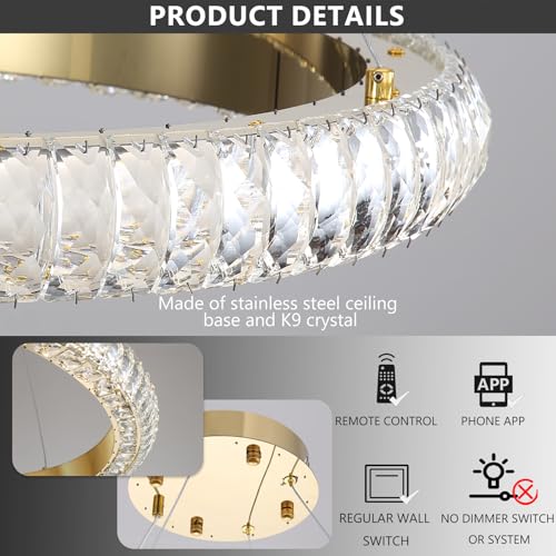 23.6" 3 Ring Crystal Chandelier Modern LED Dimmable Ring Pendant Light Round Chandelier for Dining Room Living Room Gold (Gold / 3 Ring Round 24")