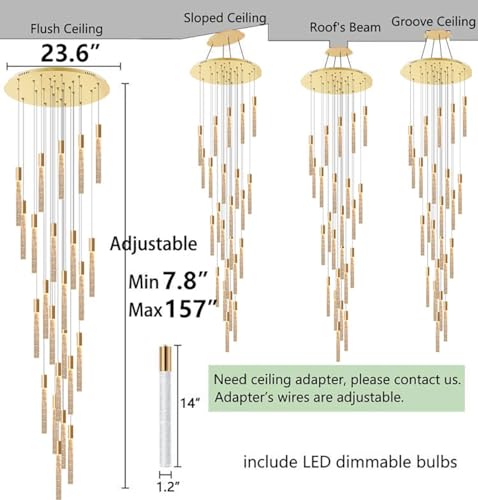 13FT High Ceiling Chandelier for Entryway Modern Crystal LED Light Glam Chandeliers for Living Room Foyer Sloping Ceiling Pendant Lighting Fixture 24 (24 lights / Gold)
