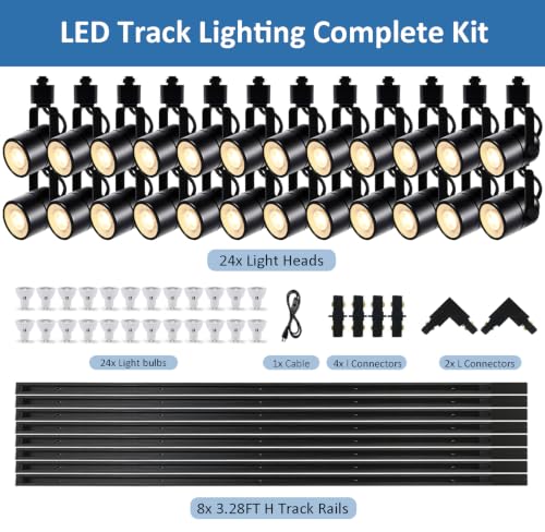 Dimmable LED Track Lighting Kit with Replaceable GU10 Bulbs Black 24 Heads