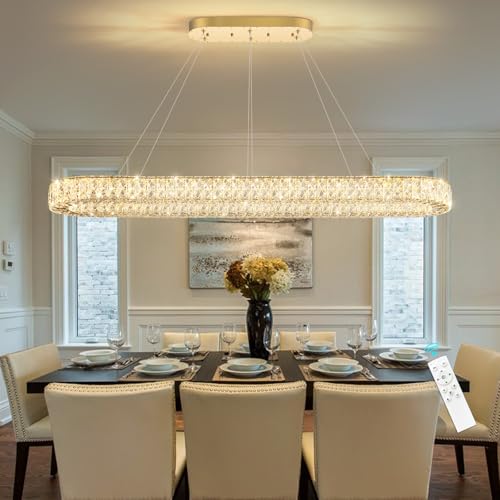 Modern Oval Crystal Chandelier for Dining Room Rectangular Ceiling Light Fixture Dimmable LED Chandeleirs for Living Room Kitchen Island Gold (Gold / Oval 59" x 12")