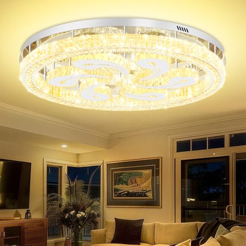 40in Modern Crystal Chandelier for Living Room LED Dimmable Flush Mount Ceiling Light for Dining Room Silver Dimmable 2700K (40in Silver)