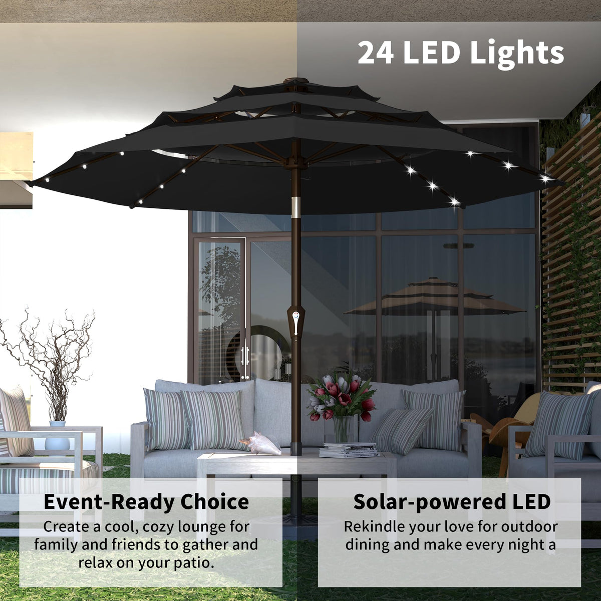 9ft 3 Tier Patio Umbrella with Solar Lights (Black / 9 FT)