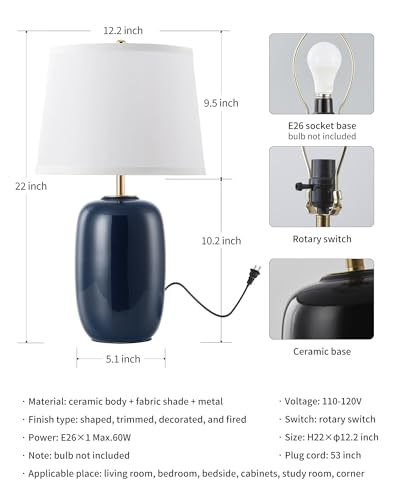 22 Inch Blue Ceramic Table Lamps Set of 2 (H22" Blue Ceramic + White Shade (2 Pack) / H22 × ∅12.2 inch)