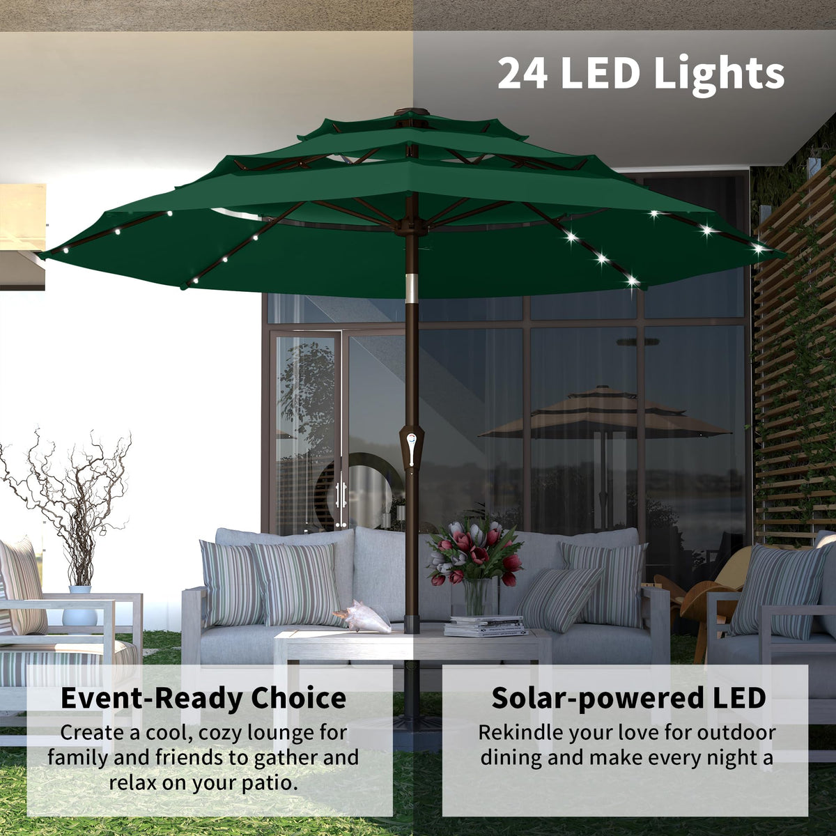 9ft 3 Tier Patio Umbrella with Solar Lights (Dark green / 9 FT)