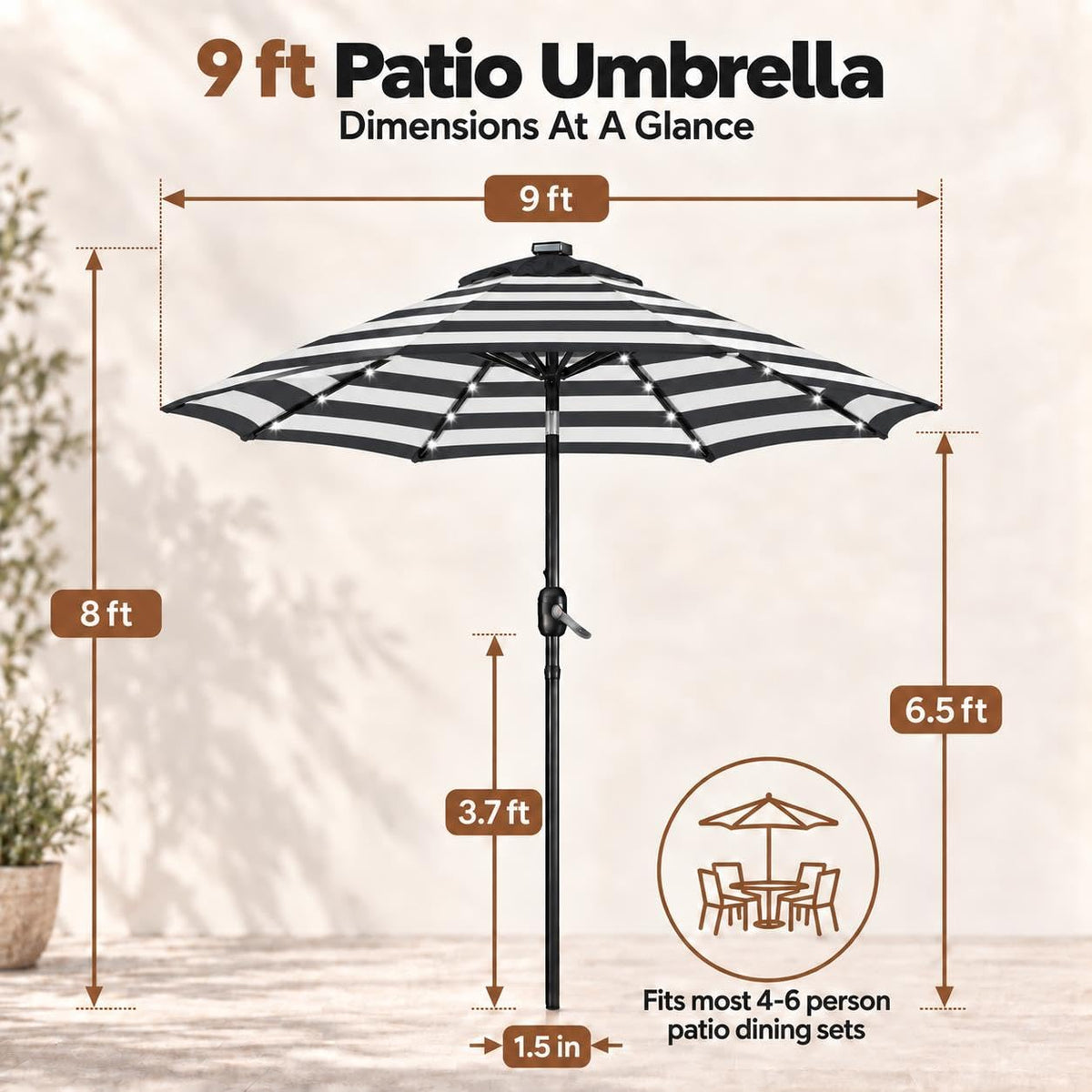 9FT Solar Patio Umbrella w (Black/White / 9FT)