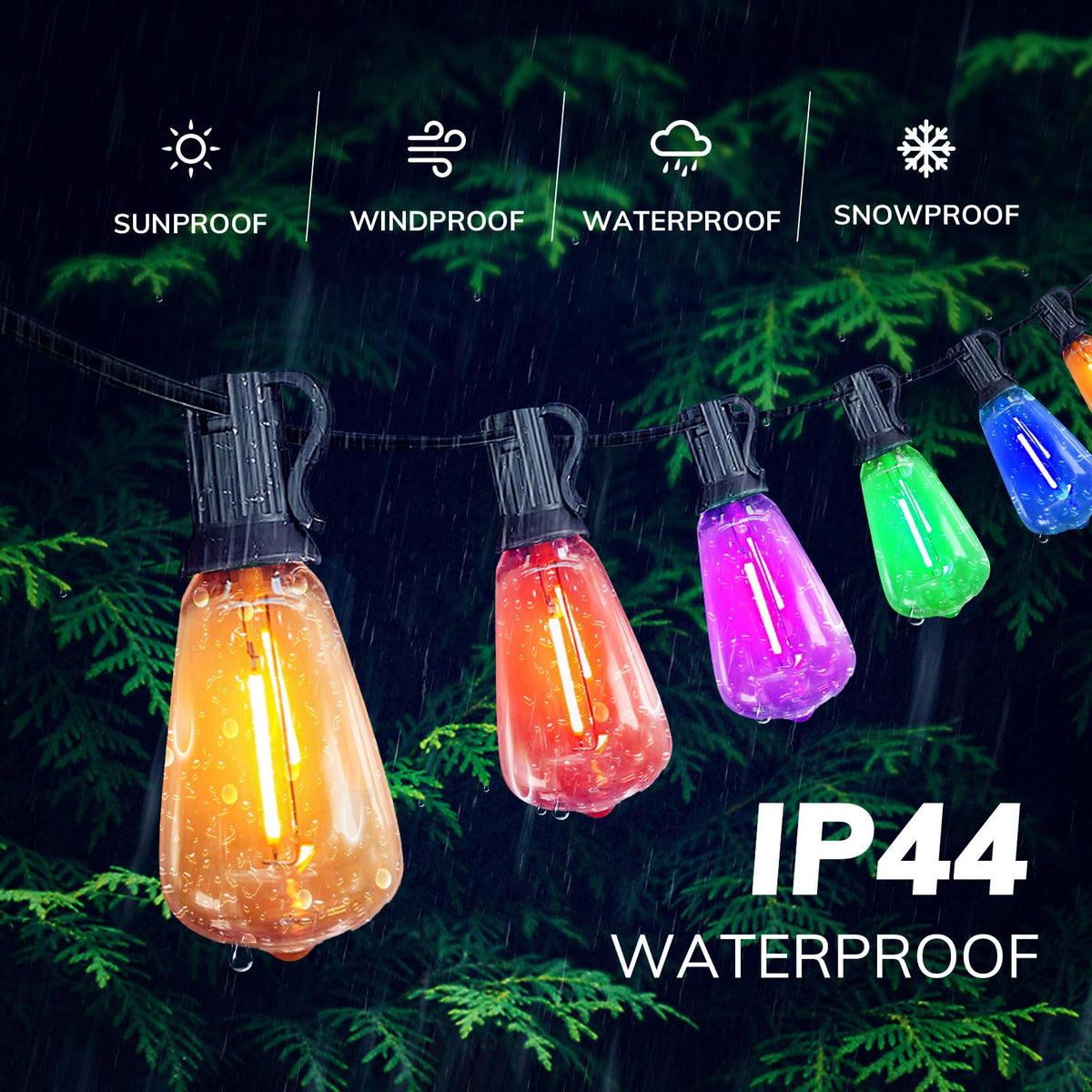 Colored Outdoor String Lights 100Ft LED Multicolor Patio Lights with 55pcs ST38 Colorful Shatterproof Bulbs Rainbow String Lights for Bistro Christmas (ST38-Multicolor-2700K / 100FT 50 Bulbs)