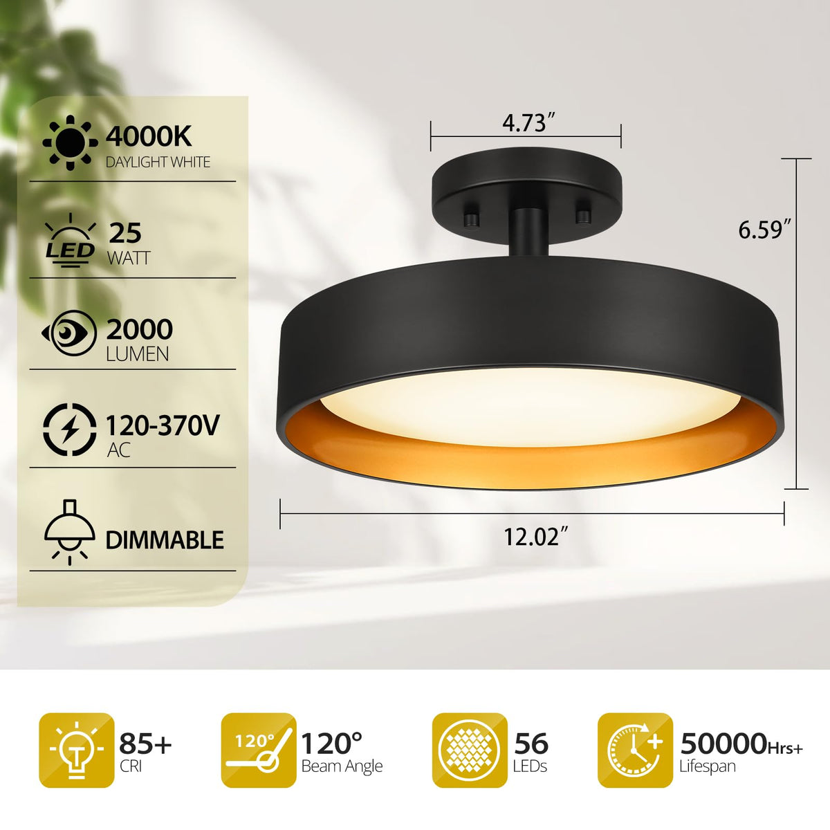 Semi Flush Mount LED Ceiling Light 4000K (Neutral White)