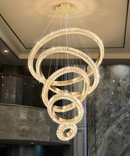 5 Ring Large Crystal Chandelier Modern LED Dimmable High Ceiling Chandelier Ring Contemporary Pendant Light Fixture for Living Room Foyer Staircase Gold D40'' (Gold / 5 Ring Round 40")