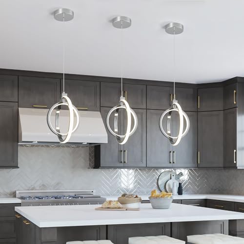 Modern LED Chandelier Chrome Ring Pendant Light Fixtures 4000K Dimmable Height Adjustable Pendant Lighting for Dining Room Kitchen Island Bedroom Living Room Foyer（2 (Chrome / Round-2Pack)