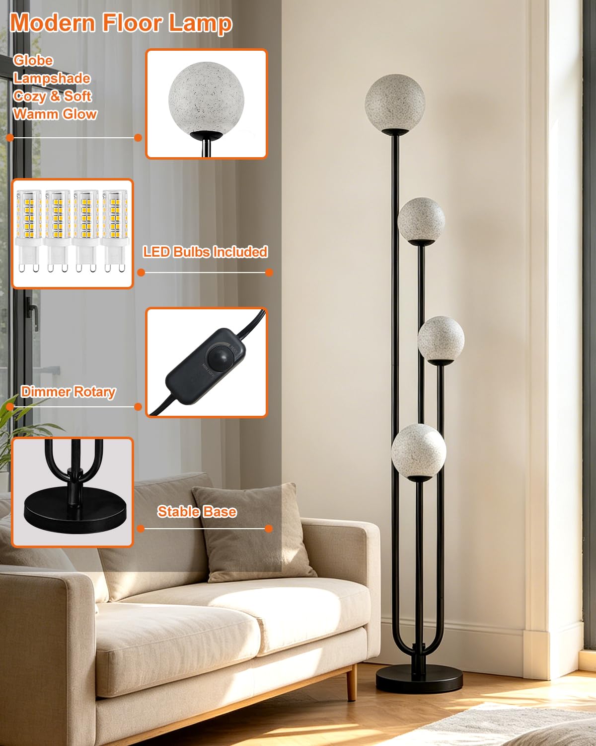 4 Light Globe Floor Lamp Black Unique Dimmable Floor Lamps 4 (Black-4UA1)