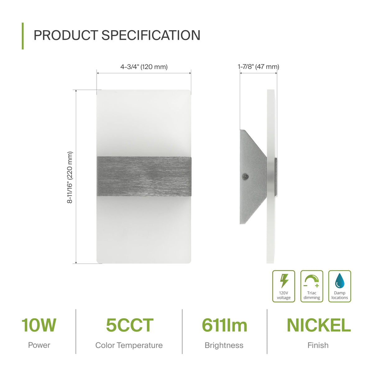 Indoor LED Wall Sconce Lights (8 Inch - Brushed Nickel / 2 Pack)