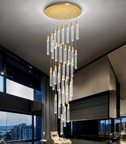 16 Foot Chandeliers for Living Room Entryway High Ceiling Light Fixtures Sloped Flush Mount Ceiling Pendant Lighting Dimmable Chandelier with Remote LED Crystal Pendants Lighting Gold Light (36 lights / Gold)