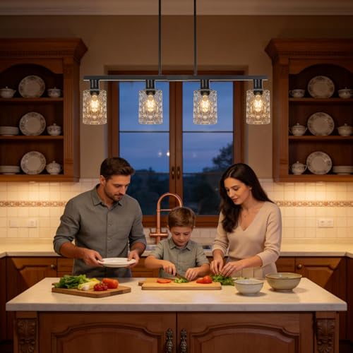 4 Light Kitchen Island Lighting Black Dining Room Light Fixture with Hammered Glass Shade 31" Modern Linear Chandelier Adjustable Hanging Pendant Lighting Over Island Dining Table Living Room (Black+hammered glass / 31in)