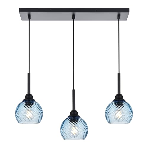 3 Light Island Lights for Kitchen with Striped Swirl Globe Glass (Blue / 3-Light-Straight Bar)