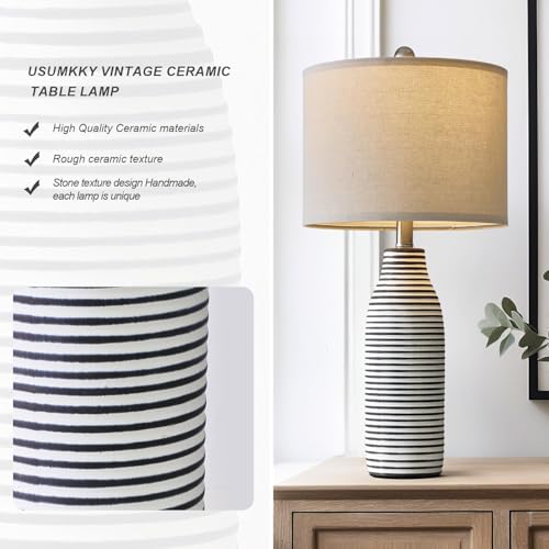 25" Ceramic Table Lamps Set of 2 Beside Lamps for Living Room Modern Bedroom Lamps for Night Stands with Rotary Switch Black and White Stripes (25" White&Black)