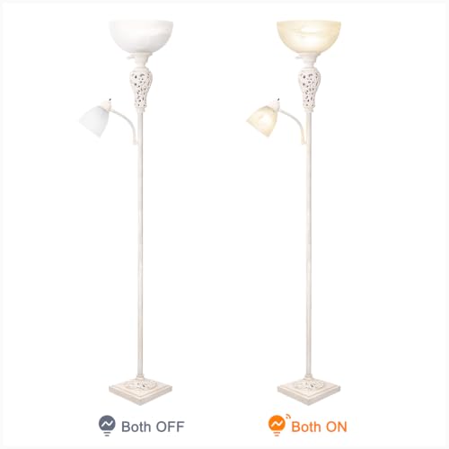 Torchiere Floor Lamp with Adjustable Reading Light for Living Room Corner (Washed White)