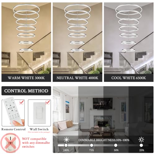 7 Rings D31.5in Modern LED Chandelier Silver Dimmable High Ceiling Chandeliers Foyer with Remote Control for Staircase Entryway Dining Room Living Room (Silver / 7 Rings 31.5in)