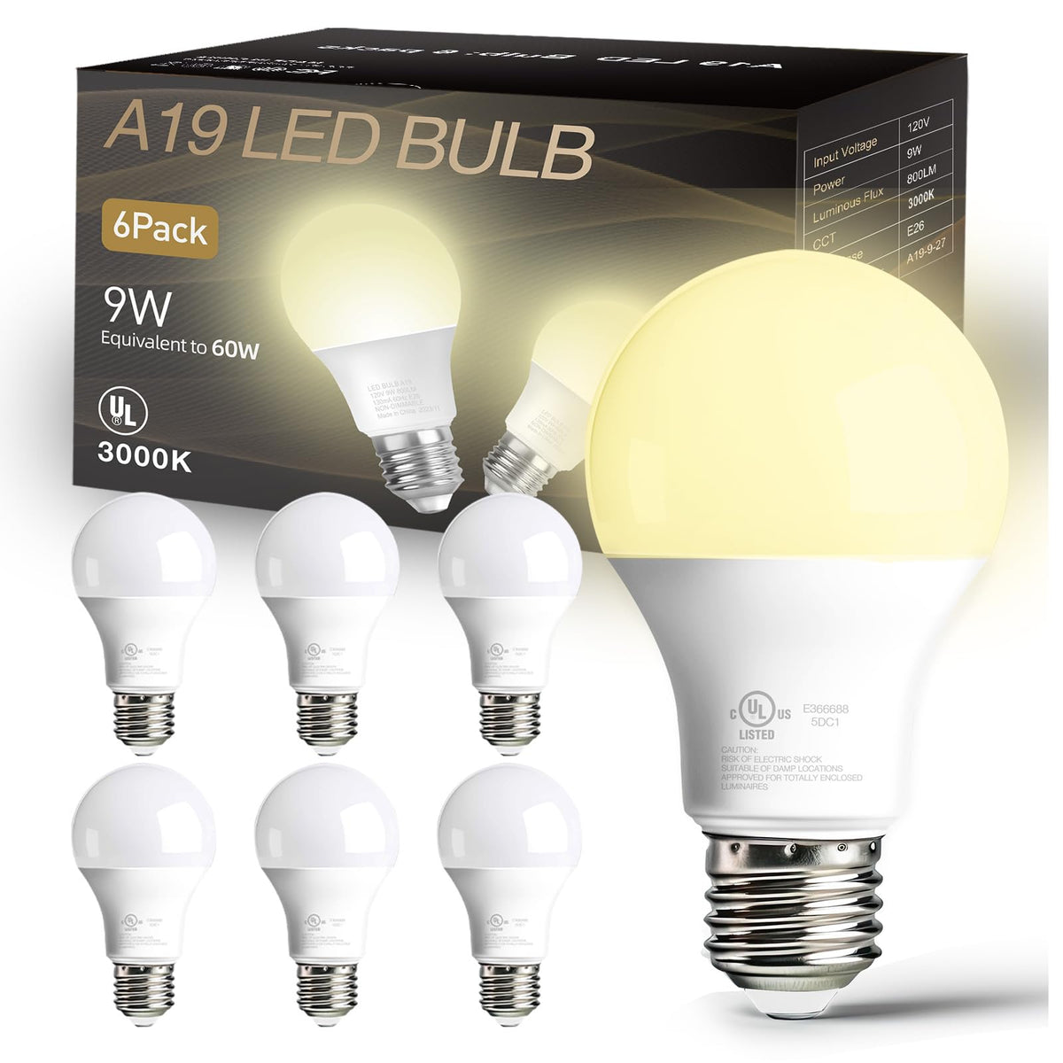 6 Pack LED Light Bulbs A19 E26 60 Watt Equivalent Warm White 3000K Standard Lightbulb (Warm White 3000k / 6 Counts)