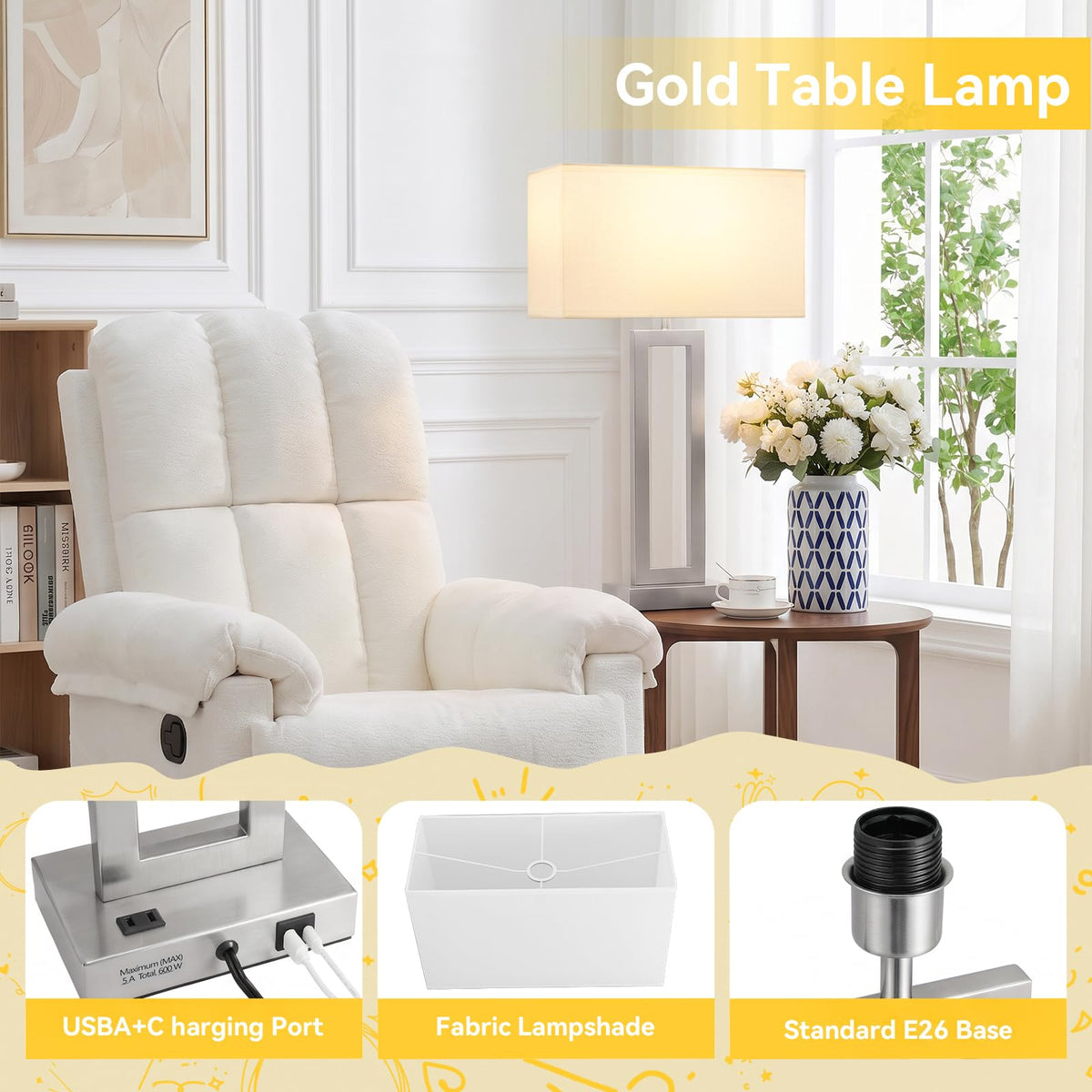 26" Tall Touch Lamps for Nightstand with USB C+A (D. White&Silver / Large(26in))