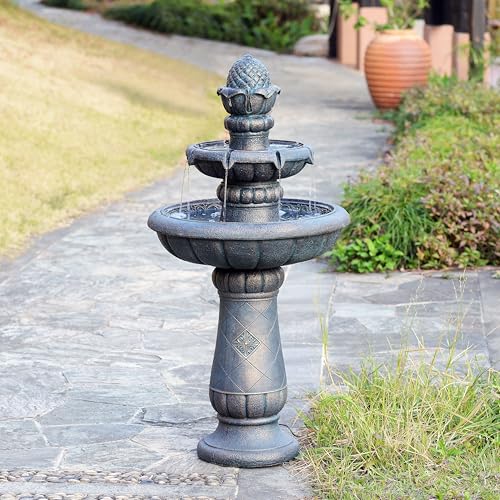 Deluxe Pineapple Pedestal 2 Tiered Floor Waterfall Fountain with Pump for Outdoor Patio Garden Backyard Decking