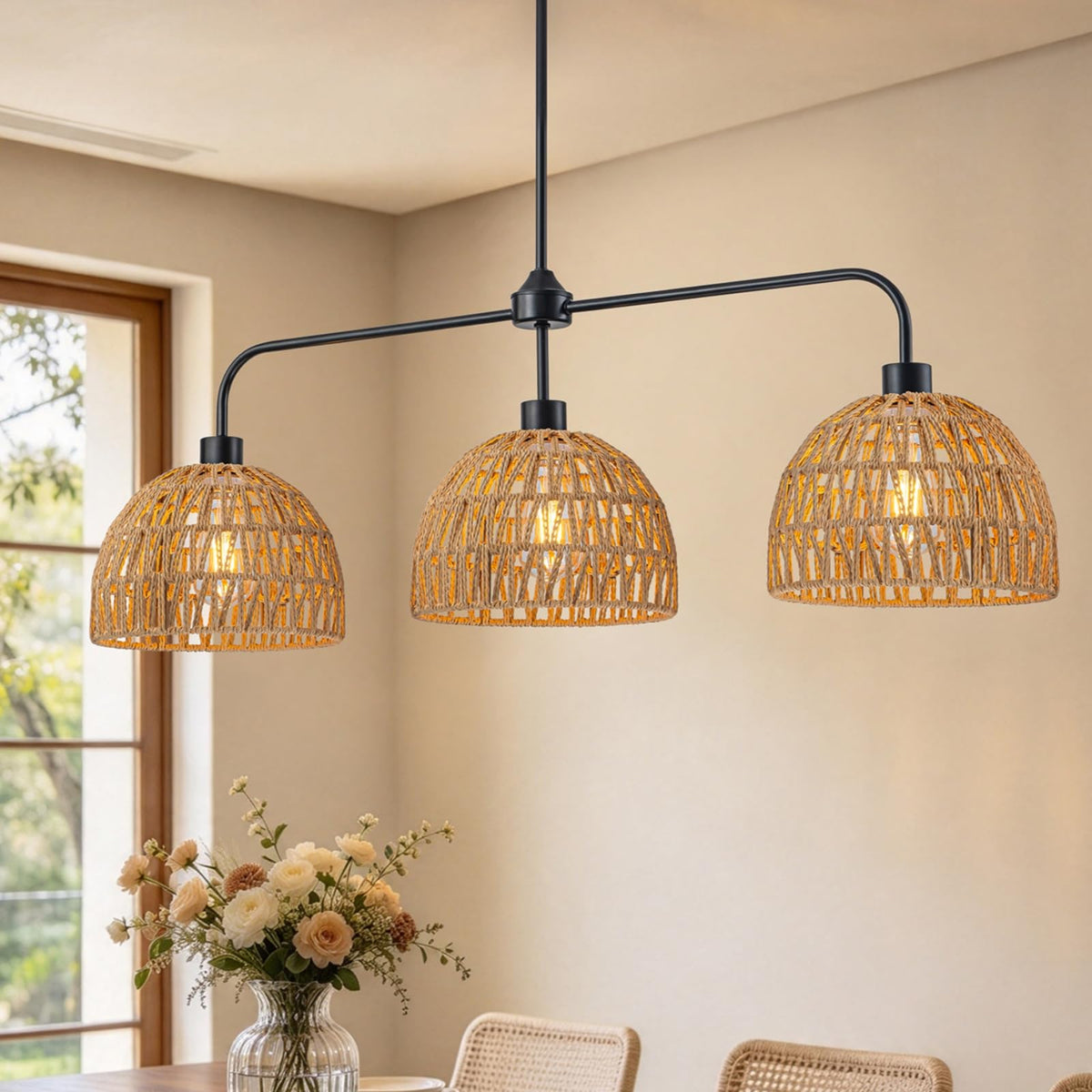 3 Light Hand Woven Rattan Kitchen Island Lighting (Black&Rattan)
