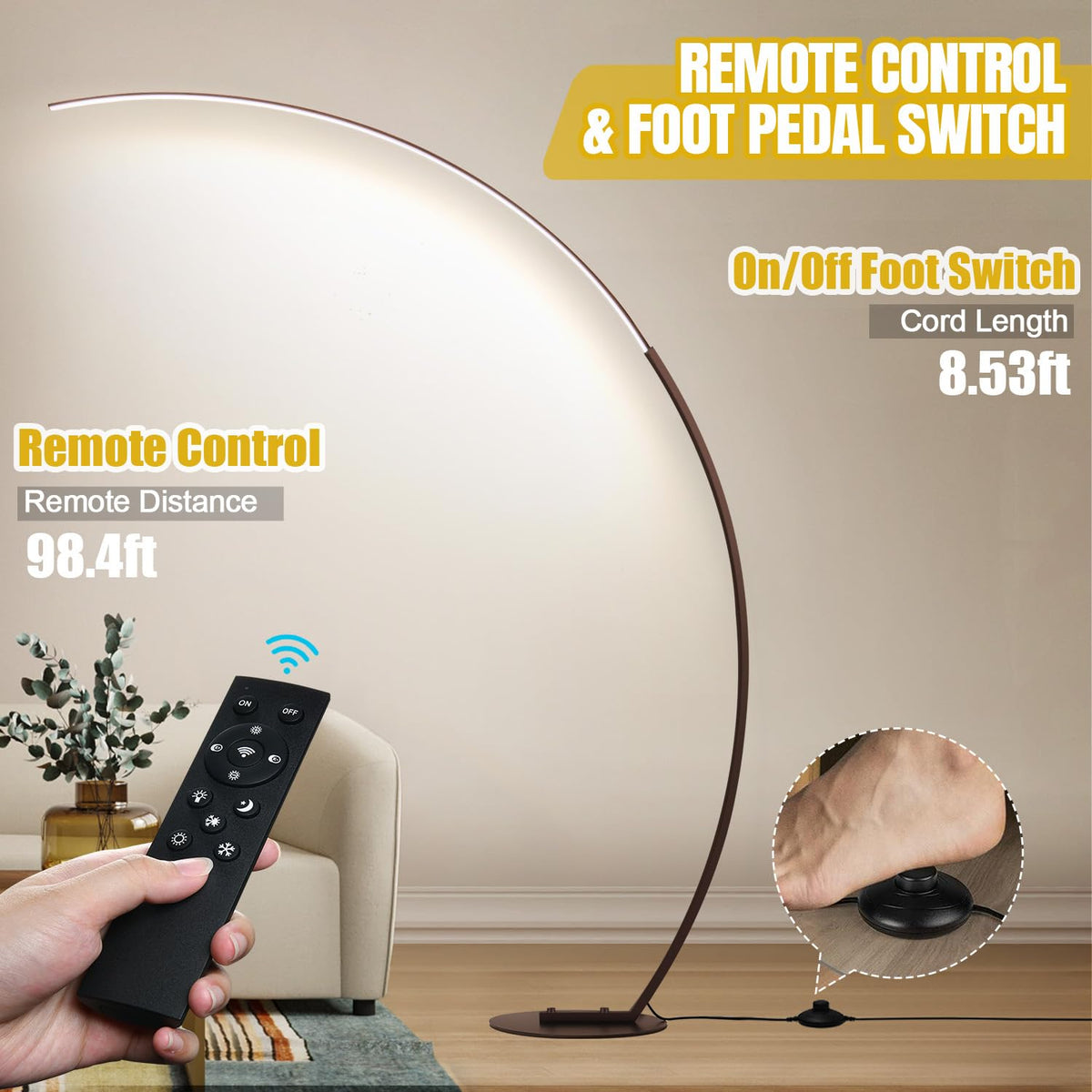 Dimmable LED Floor Lamp with 3 Color Temperatures (Brown–67"–300" Ultra-Wide Coverage)