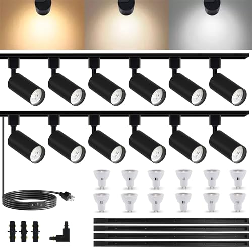 GU10 LED Track Lighting Kit H Type Plug in Dimmable White Spotlights (Black 3CCT / 12 Head Big Kit)