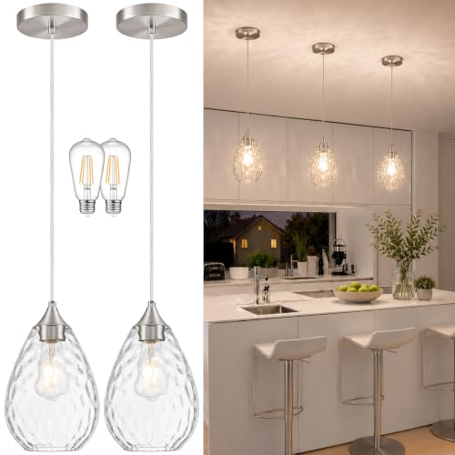 Nickel Glass Pendant Lights Kitchen Island 6.3" Pendant Light Hammered Clear Glass 2 Pack Height Adjustable Modern Hanging Pendant Lights for Dining Room Bedroom Hallway Sink Bulbs Incl (Nickel, 2 PK / 6.3 Inch)