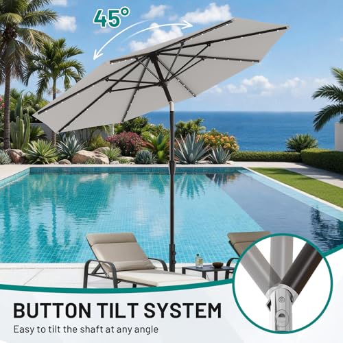 9FT Patio Umbrella with Solar Lights (Light Gray / 9 FT)