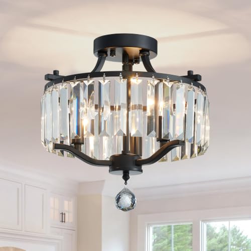 Crystal Black Chandeliers Modern Farmhouse Small Chandelier 12.2 Inch 3 (055-Black)